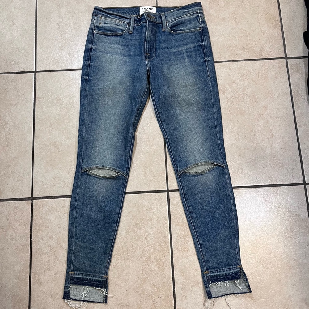 Frame Women’s Size 25 Le High Skinny Raw Hem Open Knee Blue Jeans